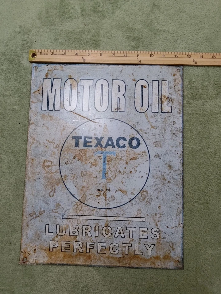 "Letrero de pared de metal estaño rústico de aceite de motor TEXACO rojo retro de 16"" x 12"" hecho en Estados Unidos" Foto 2 de 4
