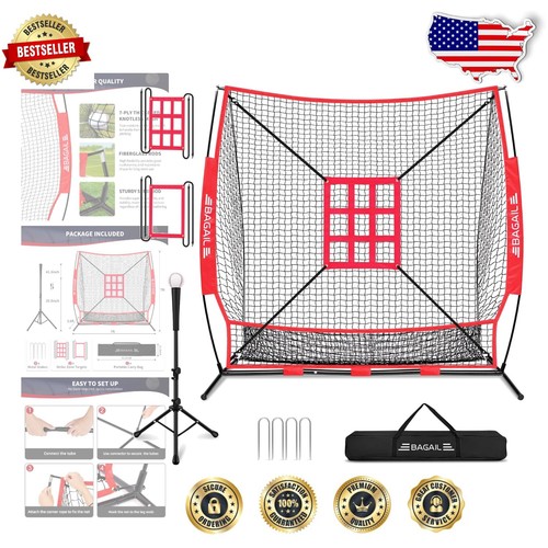 Portable 7x7 ft Baseball & Softball Training Net with Adjustable Batting Tee