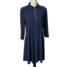 Ivy Road Dress Womens Large Navy Blue Stretch 3/4 Sleeve Oversized Zipper Pull