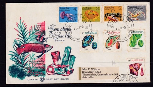 AUSTRALIA 1973 FDC WCS EMBOSSED GEM STONES AND SEA LIFE SERIES, 8 STAMPS #C356