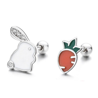 Adorable Bunny Stud Earrings For Girls: 925 Sterling Silver Rabbit Eating Carrot Design – Perfect Gift!