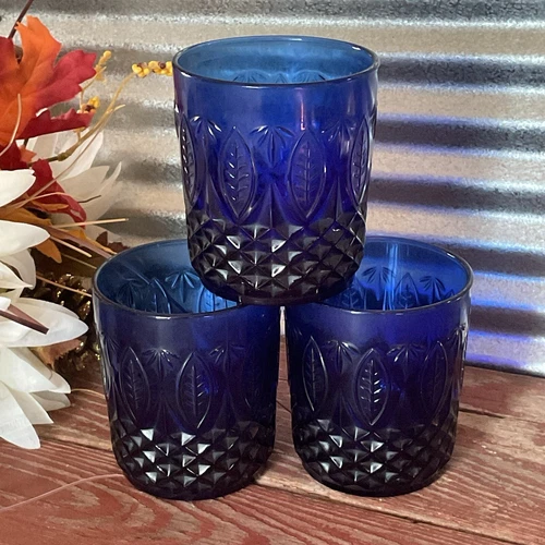 Set of 3 Vtg Arcoroc Avon Royal Sapphire Cobalt Blue Glass Leaf Tumbler France