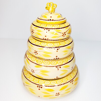 Temptations Old World Bee hive Four Canister Stacking Bowl Serving Oven Set RARE