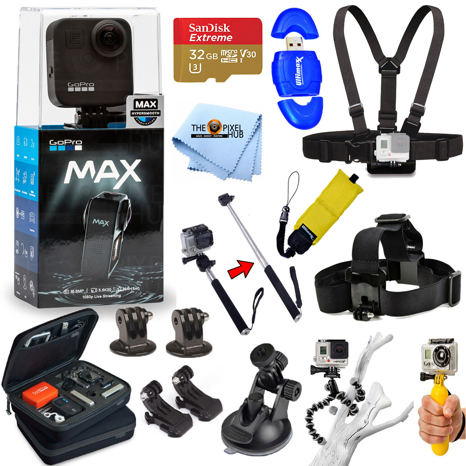 GoPro MAX Waterproof 360 + Traditional Camera with Touch Screen Spherical  5.6K30 HD Video 16.6MP 360 Photos 1080p Live Streaming Stabilization Bundle