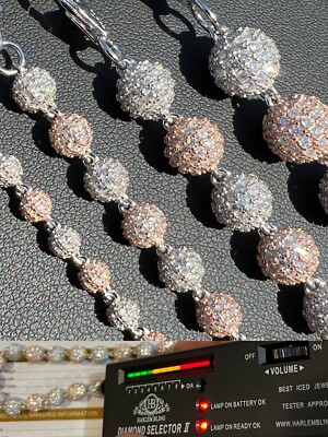 Moissanite Iced 925 Silver & Rose Gold Ball Disco Chain Necklace Passes Tester  
