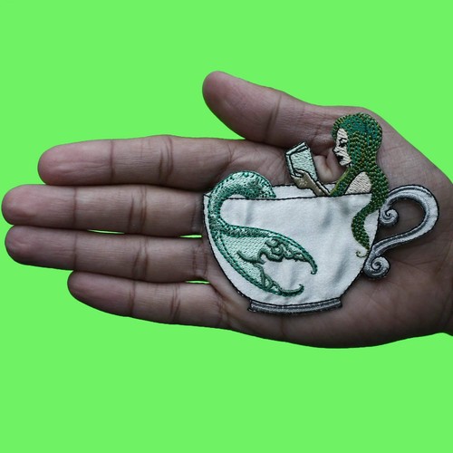 Teacup Mermaid Reading Patch Mythical Creature With Book Embroidered Iron on - Picture 2 of 2