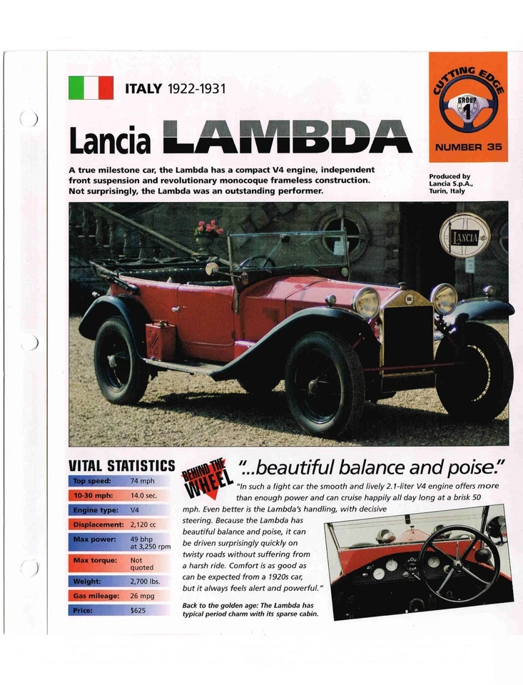 1922/1923/1924 LANCIA LAMBDA HOJA DE ESPECIFICACIONES / Folleto / Folleto / Catálogo Foto 2 de 3