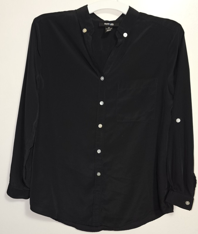 Style & Co. Womens Black White Roll Sleeve Button Down Blouse Top Size M