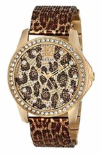 GUESS Women's Animal Print Mesh Bracelet, crystal Gold Tone gemmed Watch U0333L1