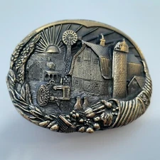 Vintage 1982 The Great American Buckle Co Brass Belt Buckle Farmer/Tractor