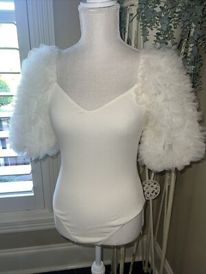 Flying Tomato Dressy Bodysuit - Size Small Ivory Puff Net Sleeves Bridal Boho