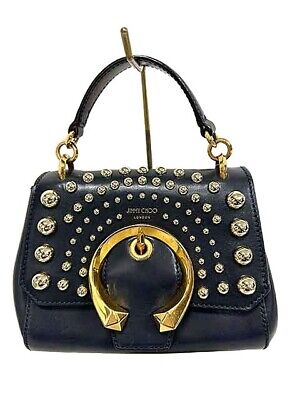 JIMMY CHOO MADELINE Top Handle Bag Navy × Gold with Studs JIMMY CHOO MADELINE Top Handle Bag Navy × Gold with Studs