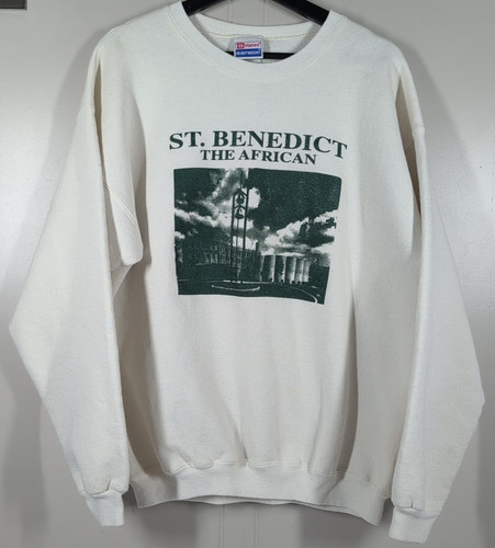 Hanes, VTG 90s Hanes St. Benedict The African Sweatshirt Sz L USA White Heavyweight