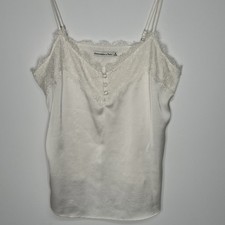 Abercrombie Fitch Y2k Satin Babydoll Cami Top Women s M Ivory Lace buttons