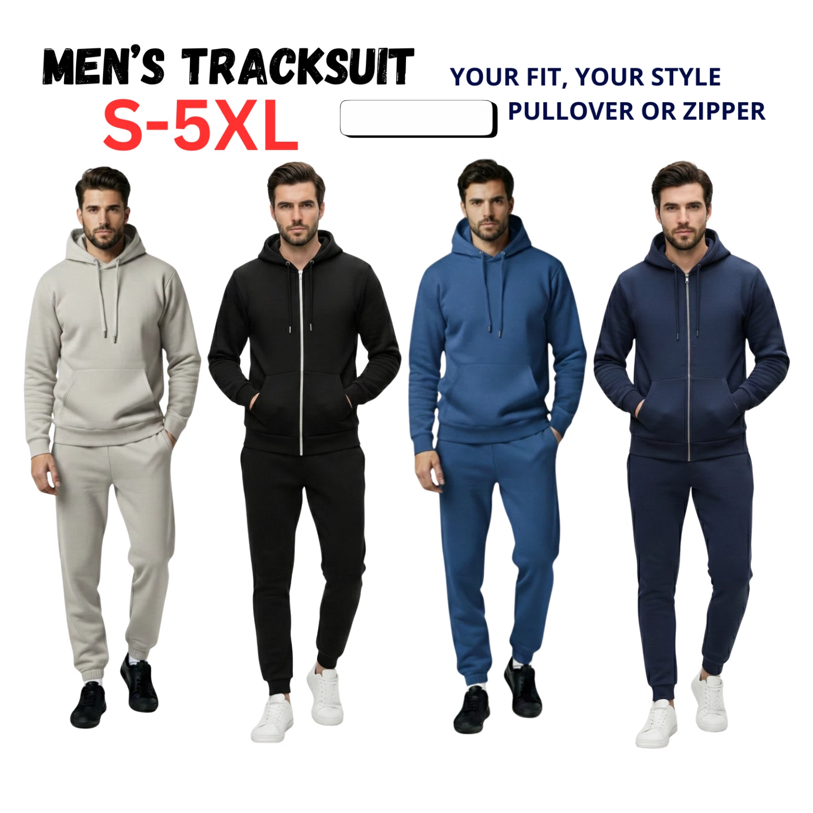 Men Tracksuit Set Zipper Fleece Hoodie Top & Bottoms Joggers Gym Jogging casual