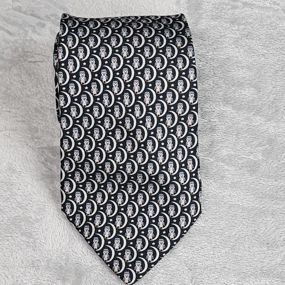 Corbata Hermes Paris Para Hombre Negra Seda Estampado Búho Hecha en Francia 5269 SA 90s Foto 2 de 4