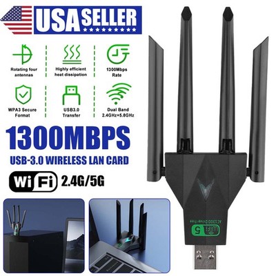 AC1200 USB WiFi Adapter Dual Band 2.4G 5.8G w/ 4 Antennas for PC Laptop Desktop