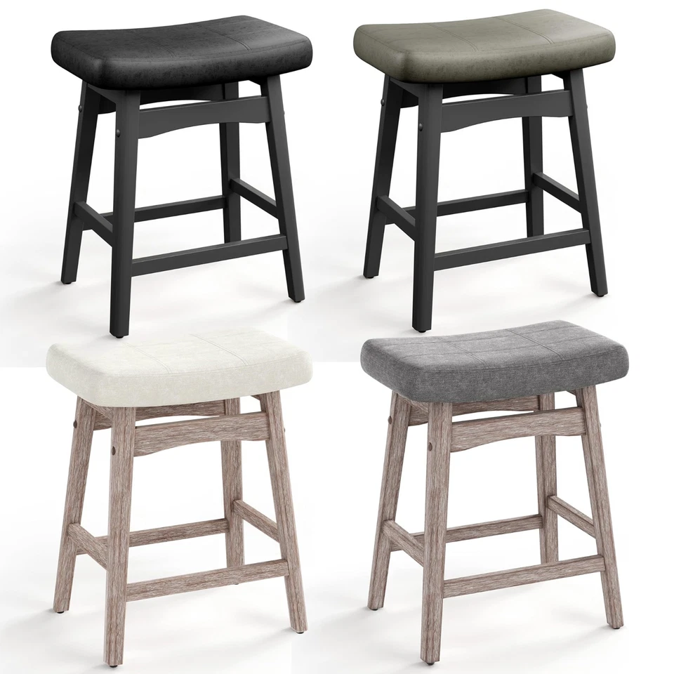 3 x Saddle Bar Stools Kitchen Counter Height Dining Pub Chairs w/ Solid Wood Leg - Image 2 of 2