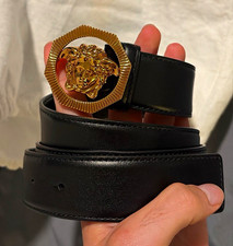 Versace Men’s Black Dress Belt Medusa Logo Gold-Tone Buckle Size 43