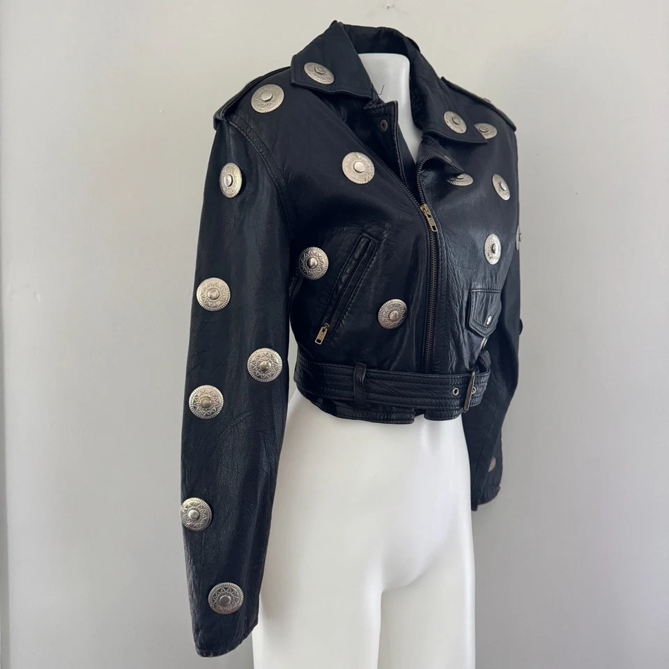 Chaqueta de motociclista de cuero negro de metal recortada VERA PELLE de colección de los años 80 Tuareg 40 S Foto 4 de 4