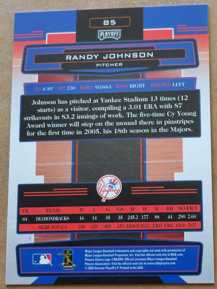 2005 Playoff Absolute Memorabilia #85 Randy Johnson New York Yankees  - Image 2 of 2