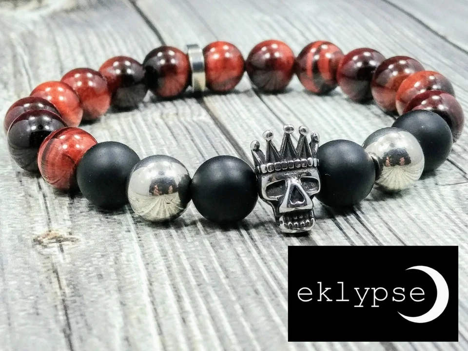 Pulseira de contas de aço inoxidável 8"L Skull King 10 mm ônix + olho de tigre vermelho - Imagem 4 de 4