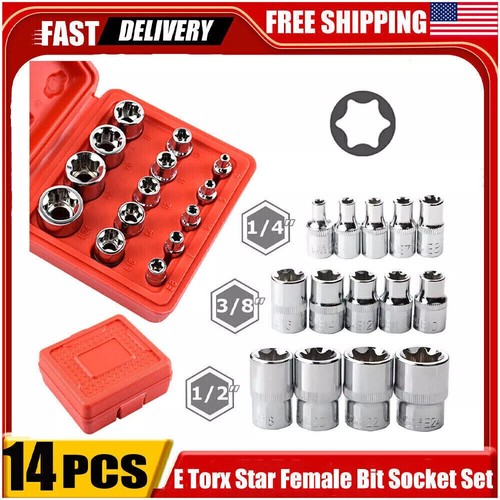 E Torx Star Female Bit Socket Set 1/2" 3/8" 1/4" Drive E4 - E24 with Case 14 PCS