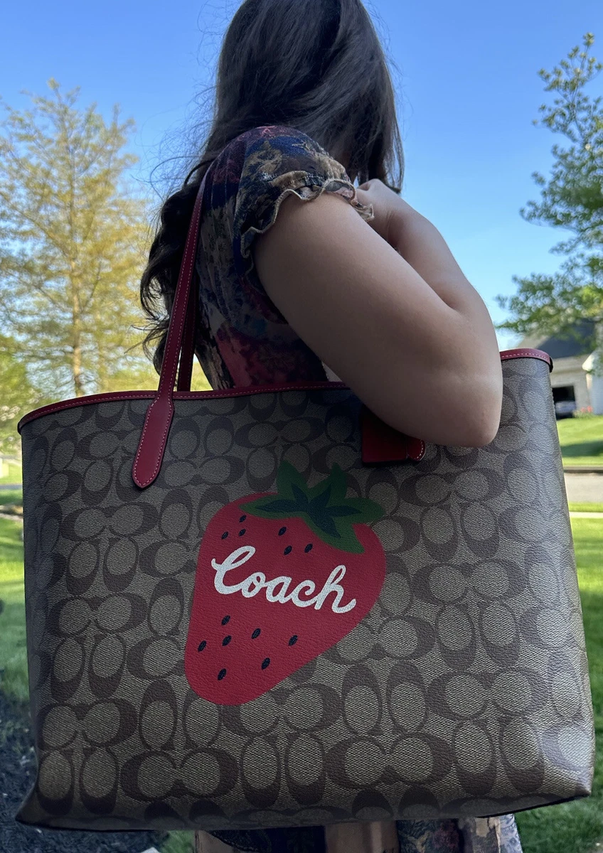 NWT Coach Large City Tote Brown Signature Canvas Bag Wild Strawberry CH329  $428