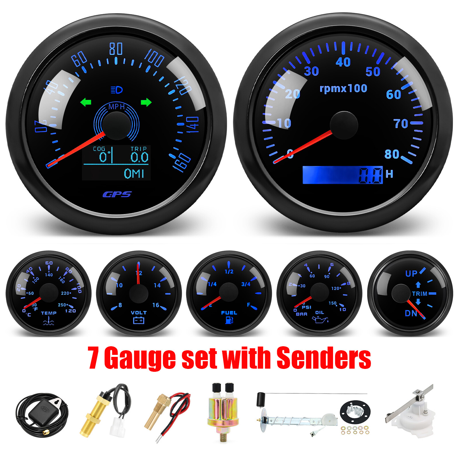 85mm 7 Gauge Set GPS Speedometer 0-160MPH for Boat Car Truck Marine