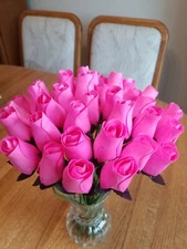 1 DOZEN - PINK - WOODEN ROSE BUDS 5 X 8 ARTIFICIAL FLOWERS - FREE SHIPPING