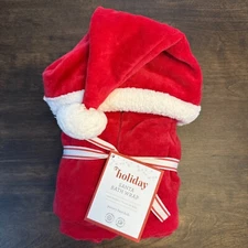 POTTERY BARN KIDS SANTA KID HOODED BATH WRAP TOWEL ~ HOLLY RED (NO MONO)