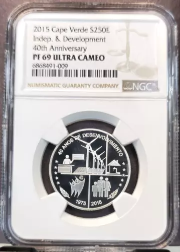 2015 CAPE VERDE SILVER 250 ESCUDOS INDEPENDENCE NGC PF 69 ULTRA CAMEO TOP POP 1
