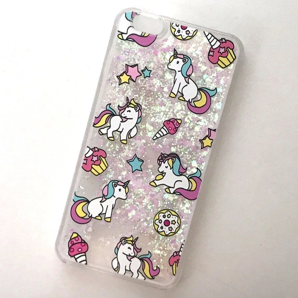 iPhone 5/6S/7+/8+PLUS - ESTUCHE RÍGIDO Cascada ROSA UNICORNIOS Líquido Brillo Corazones Foto 3 de 4