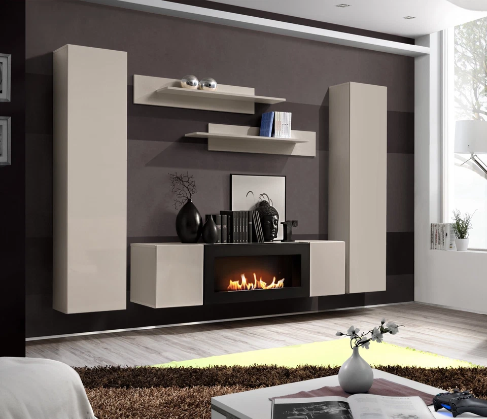 ASM Parete attrezzata parete soggiorno FLY M1 CC incl. sistema push-click con camino a bioetanolo