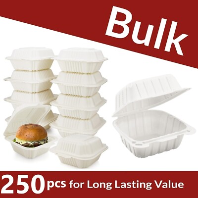 250 Count 6''x6'' 1 Compartment Clamshell Food Containers Heavy Duty To Go Box US