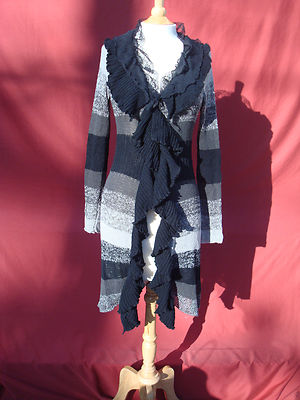 New Hendi Black Grey Acrylic Polyester Women's Open Front Long Cardigan Sz M/L  
