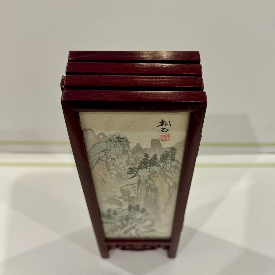 Pantalla china de 4 paneles pintada a mano laca de seda madera de rosa - firmada, de colección, rara Foto 3 de 4