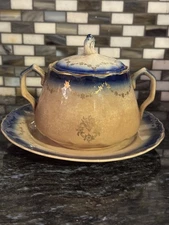 Antique La Francaise Blue Porcelain Sugar Bowl And 2 Plates