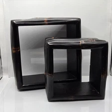 Square Floating Black Dark Brown Wood Nesting Cubes Wall Unit Set of 2 Handmade 