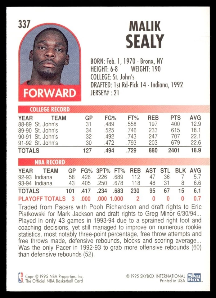 1994-95 Hoops Malik Sealy Los Angeles Clippers #337 - Image 2 of 2