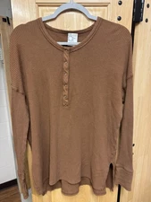 Aerie Women's Orange Thermal Long Sleeve Henley Top Button