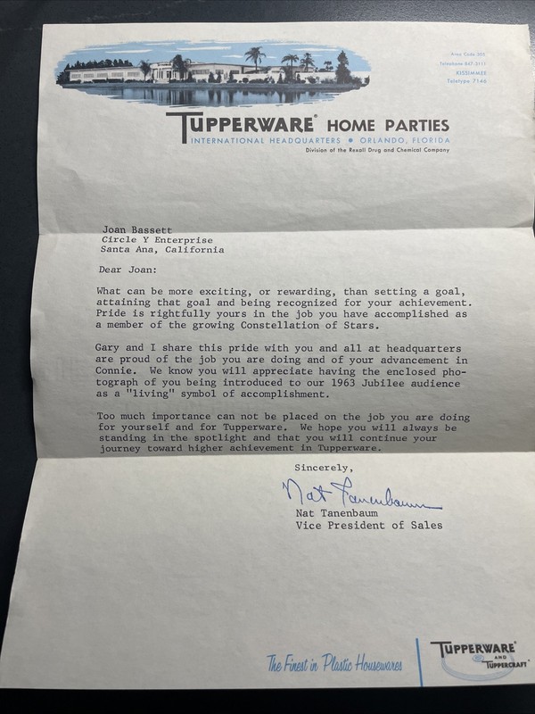 VINTAGE TUPPERWARE LETTER FROM VICE PRESIDENT ORLANDO FLORIDA 1963