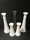 Set of 5 Vintage Anchor Hocking Milk Glass Stars and Bars Bud Vases 6" and 9"
