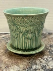 McCoy Daisy Aqua Flower Pot With Attached Saucer In Turquoise 1940s Vintage