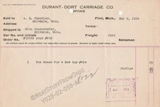 DURANT-DORT CARRIAGE CO. INVOICE, (PARENT COMPANY OF GENERAL MOTORS) MAY 1914