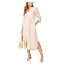 Maxi Vestido Camisa J.McLaughlin Lino Tostado Beige Botón Frontal Pestaña Enrollable Manga Talla XL