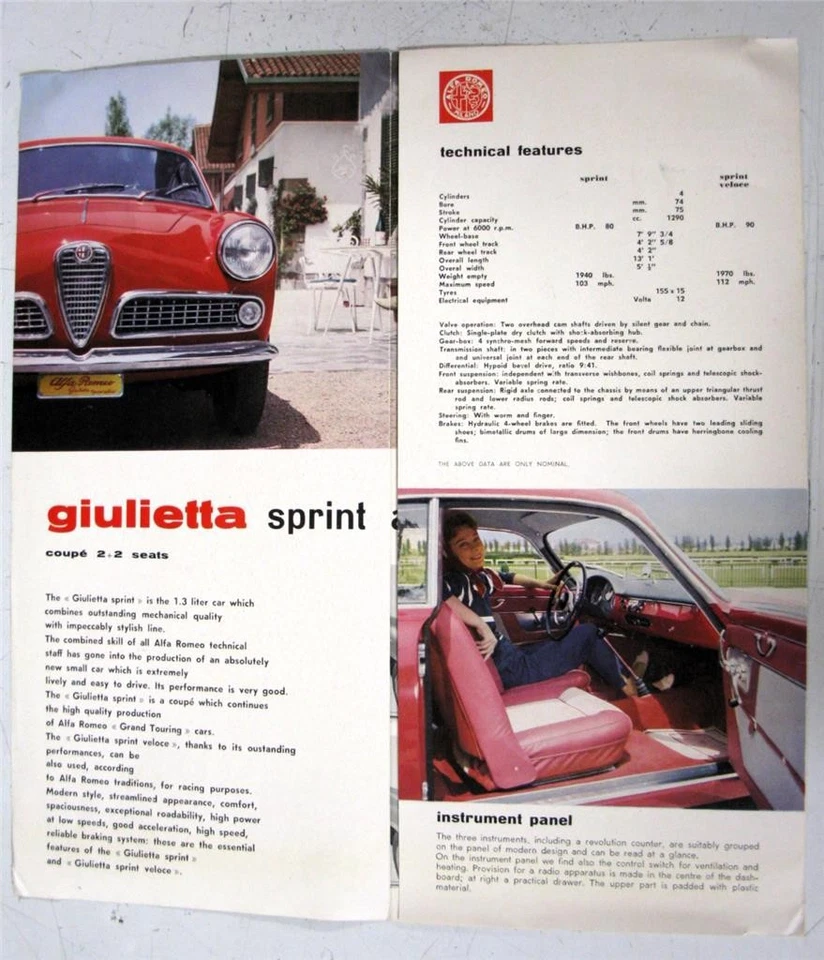 ALFA ROMEO Giulietta Sales Brochure Sprint Veloce Dec 1958 #DC PRO 12-1958 4 - Image 2 of 4
