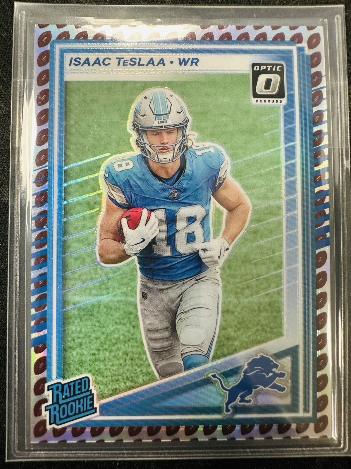 2025 Donruss Isaac TeSlaa Rated RC Optic Preview Football Emoji SSP #338 Lions