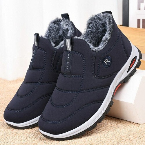 Men's Winter Ankle Snow Boots Slip on Fur Lined Outdoor Waterproof Casual Shoes - Picture 10 of 18