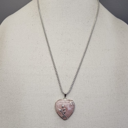 Heart Necklace Pink Pendant Rose Quartz Stainless Steel Box Chain 23.5" - Picture 7 of 17